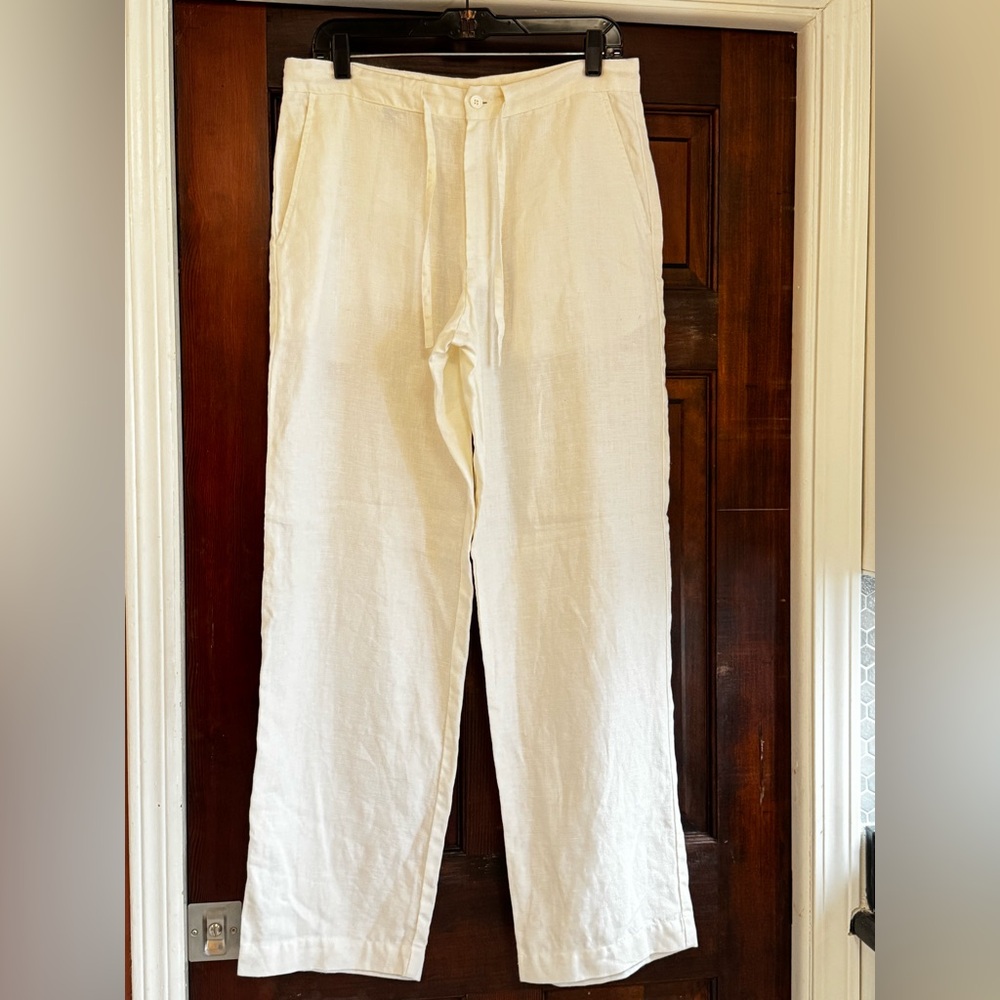 Casual‎ White Straight-Leg Linen Blend Pants
